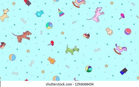 Seamless baby blue background with animals and toys. Pattern with dogs, bears, rocking horses, toys and sweets. Design for Wallpaper, clothes, bed linen or children's room.