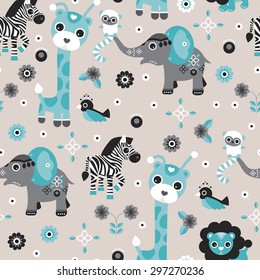 Seamless baby blue boy safari animals zoo illustration elephant giraffe lion zebra and bird background pattern in vector