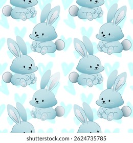 Seamless baby blue bunny pattern with cute hearts – pastel cartoon rabbit design for kids fabric, nursery decor, wrapping paper, baby shower, Easter and children’s products