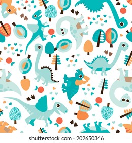 Seamless baby blue dinosaur illustration kids background pattern in vector