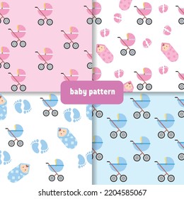 Seamless baby boy and baby girl pattern. Stroller baby pattern. Baby shower. 