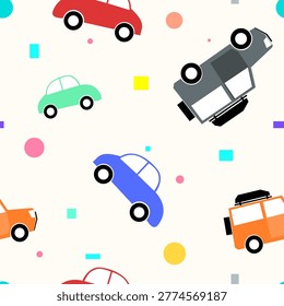 Seamless Baby Boy Pattern. Hand-Drawn Cars Cute Boyish Wallpaper Background for printing and decoration.