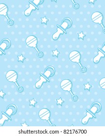 Seamless baby boy pattern with pacifier and rattle and stars, vector illustration