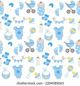 Seamless baby boy pattern. Baby showers. Vector illustration.