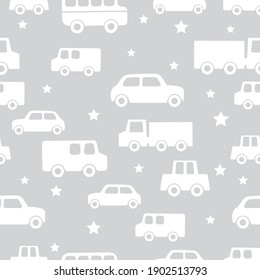 Seamless baby boy pattern in vector. Background with cars for paper, textile.