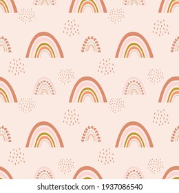 Seamless baby cute magical childish fun pink pretty pattern with hand drawn rainbows. Creative scandinavian kids texture for fabric, wrapping, textile, wallpaper, apparel. Vector illustration