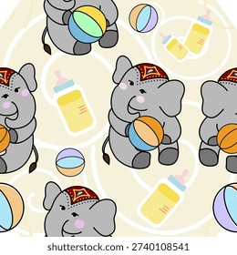 Seamless baby elephant pattern with pastel toys and milk bottles. Cute nursery hand drawn design ideal for fabric, wallpaper, wrapping paper, baby products, surface print projects, children room decor