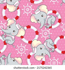 Seamless Baby Elephant Pattern. Pink Nautical Theme For Baby Girl Shower. Polka Dot Pink Color Background