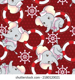 Seamless Baby Elephant Pattern With Polka Dot Maroon Color Background, Maroon Nautical Theme For Baby Girl Shower