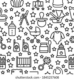 Seamless baby items pattern with flat line icons. Necessary things for the baby and parents icons on white background