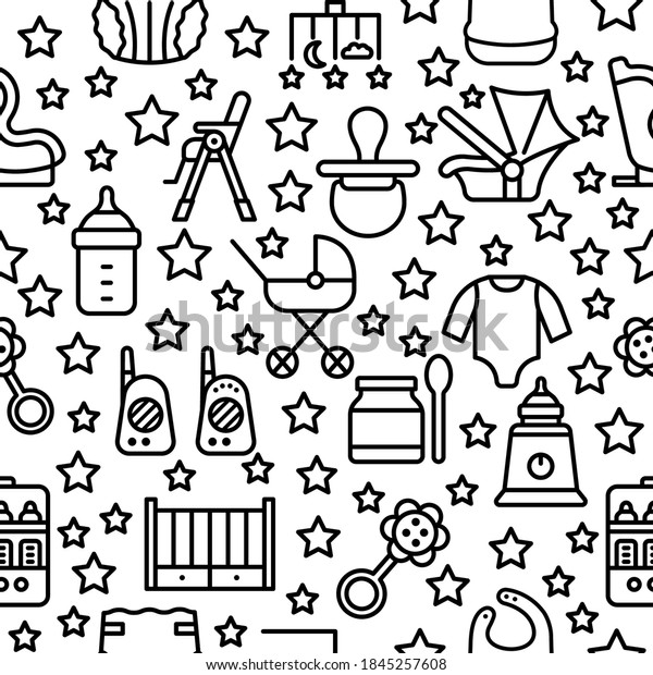 Seamless baby\
items pattern with flat line icons. Necessary things for the baby\
and parents icons on white\
background