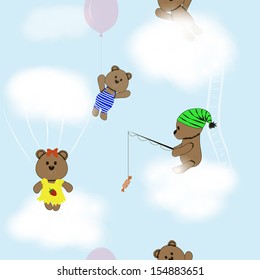 Seamless baby kids pattern with cute cartoon teddy bears in the sky