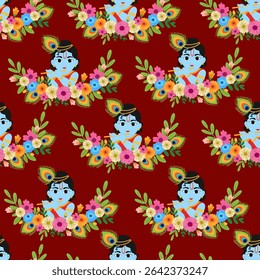 Patrón inconsútil del bebé Krishna con las flores y las plumas del pavo real en el fondo marrón – materia textil linda de la historieta del dios hindú o diseño del abrigo del regalo