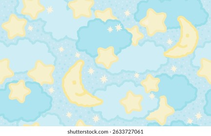 Padrão de céu noturno de bebê sem costura com estrelas, nuvens e lua