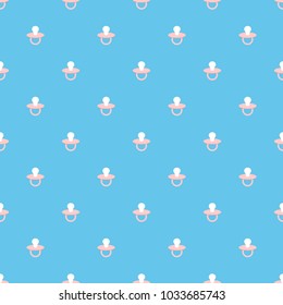 Seamless baby pacifiers pattern on a blue background.