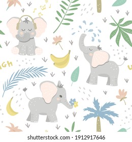 Seamless Baby Patter With Elephants In The Jungle. Happy Animals Among Leaves, Bananas And Flowers. Great For Baby Product Design