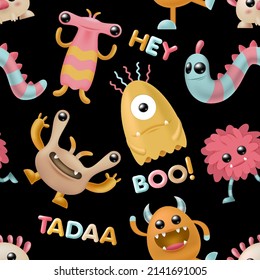 Patrón de bebé sin foco con monstruos lindos sobre fondo negro. Diseño de ilustraciones vectoriales para niños, sin costura infantil para niños, moda, tela, envoltura, textil, papel impreso y papel tapizado