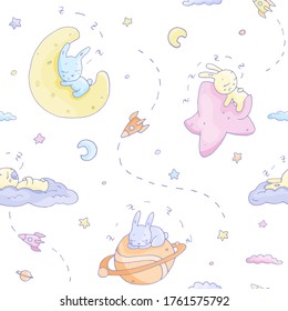 seamless baby pattern adorable sleeping rabbits on the moon