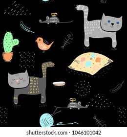 Seamless baby pattern background with cute cats.