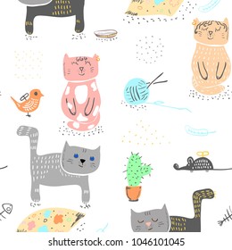 Seamless baby pattern background with cute cats.