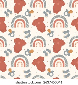 Seamless baby pattern with bodysuits, pacifiers, socks and rainbows. Cute pastel nursery design for kids fabric, wrapping paper, baby shower and newborn products.