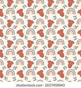 Seamless baby pattern with bodysuits, pacifiers, socks and rainbows. Cute pastel nursery design for kids fabric, wrapping paper, baby shower and newborn products.