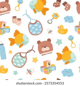 Seamless baby pattern for boys with essentials and toys. Charming print for infants in a playful style. Ideal for wrapping paper, textiles, nursery decor, and baby shower designs. Vector illustration