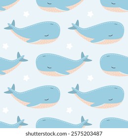 Seamless baby pattern for boys or girls with whales. Charming marine print with blue whale for infants. Ideal for wrapping paper, textiles, nursery decor, and baby shower designs. Vector illustration