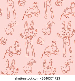Seamless baby pattern with bunny toys, pacifiers, duck pull toys and trains on pink background. Concept reflects childhood innocence, sweetness and nursery charm