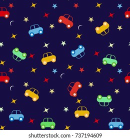 Seamless baby pattern with cars on blue background.