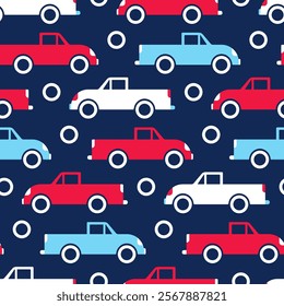 Seamless baby pattern with cartoon car. Pickup trucks on dark blue background. Transport print for baby fabric for jacket, winter  outerwear, shoes, bag. Cute vehicles drive. Boy nursery wallpaper.