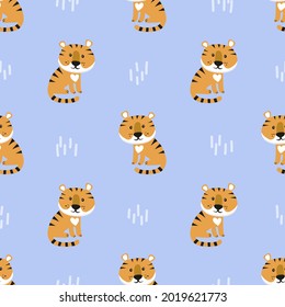 Seamless baby pattern with cartoon tiger. Vector animal illustration.