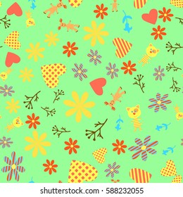 seamless baby pattern, cats, moose, flowers, hearts, for textiles