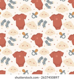 Seamless baby pattern with clouds, bodysuits, pacifiers and socks. Soft pastel design for kids, baby shower, nursery, wrapping paper and baby clothes.