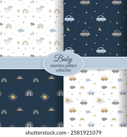 Seamless baby pattern collection. Flat hand drawn vector background for wrapping paper, children's merch, baby shower, fabric, textile. EPS10 vector illustration