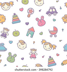 Seamless baby pattern with colorful babyish elements (toys, boys and girls). Happy pastel color palette