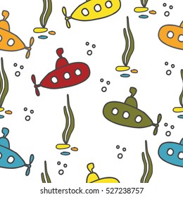 Seamless baby pattern. Colorfull submarines and seaweed on white background.