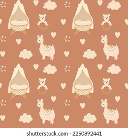 Seamless baby pattern with baby cot and llama in boho style, brown with white elements, in vector illustration