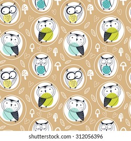 Seamless baby pattern. Creative Hand drawn texture with cute owls, leaves, mushrooms and hearts. For anniversary, birthday, party, baby shower, gift and card. Vector illustration.