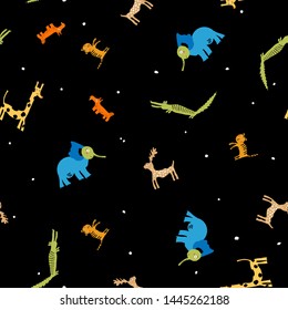 Seamless baby pattern with cute animals. Creative kids texture for wrapping, textile, wallpaper, apparel and fabric. Vector illustration. Black background.