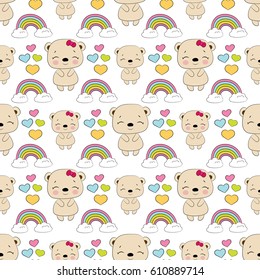 Seamless baby pattern with cute bear, rainbow, heart. Best Choice for cards, invitations, printing, party packs, blog backgrounds, paper craft, party invitations, scrapbooking.