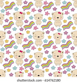 Seamless baby pattern with cute bear, rainbow, flower. Best Choice for cards, invitations, printing, party packs, blog backgrounds, paper craft, party invitations, scrapbooking.