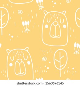 Seamless baby pattern with cute bears and berries. Scandinavian style kids textures for fabric, packaging, textiles, Wallpaper, clothing. Vector illustration.