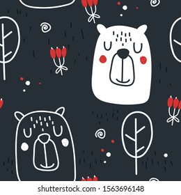 Seamless baby pattern with cute bears and berries. Scandinavian style kids textures for fabric, packaging, textiles, Wallpaper, clothing. Vector illustration.
