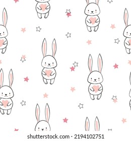 Seamless baby pattern with cute bunny. Vector Easter illustration with little rabbits.