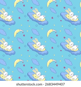 Seamless baby pattern, cute bunny sleeping on a cloud, moon, stars, hearts, cloud, children, childhood
