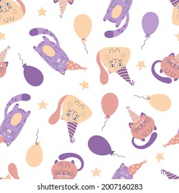 Seamless baby pattern with cute cartoon cats in birthday caps and balloons. Creative background. Ideal for kids' design, fabric, packaging, wallpaper, textiles.