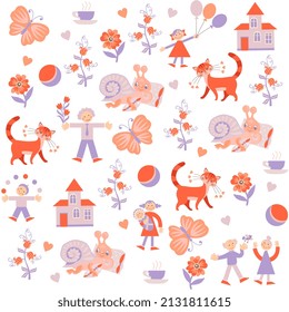 
Seamless baby pattern with  cute cartoon people, cats, snails, butterflies, houses, balls, flowers, balloons in orange, purple color scheme isolated on white background in vector.  