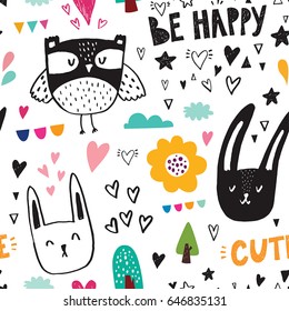 Seamless baby pattern. Cute baby characters: Owl, bunny, flowers