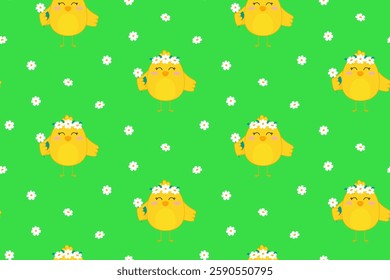 Seamless baby pattern with cute chicks and daisies. Funny yellow chicks. Vector illustration